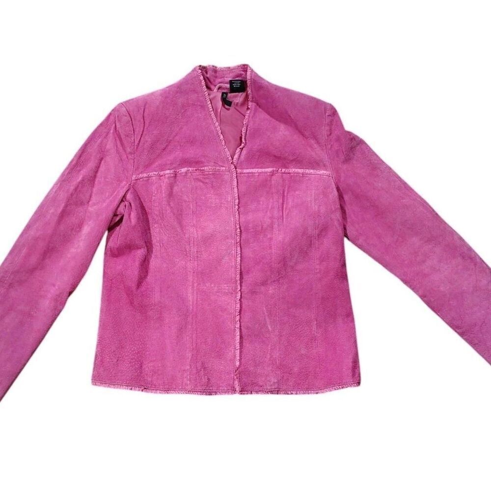 Pink Ruffle Trim Suede Jacket Size M PETITE Fitted Hook Front Feminine Y2K